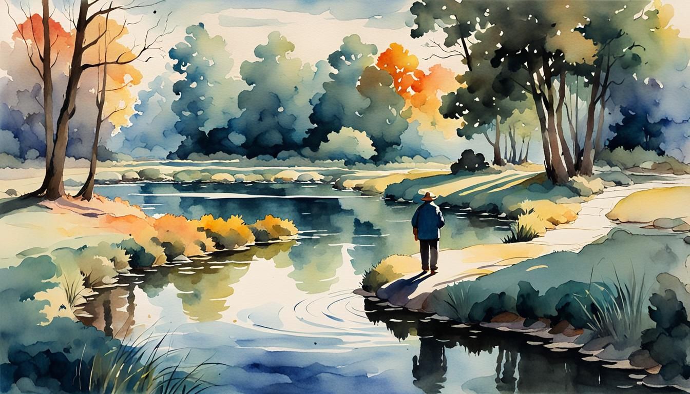 Man Watching Ducks: Watercolor Painting