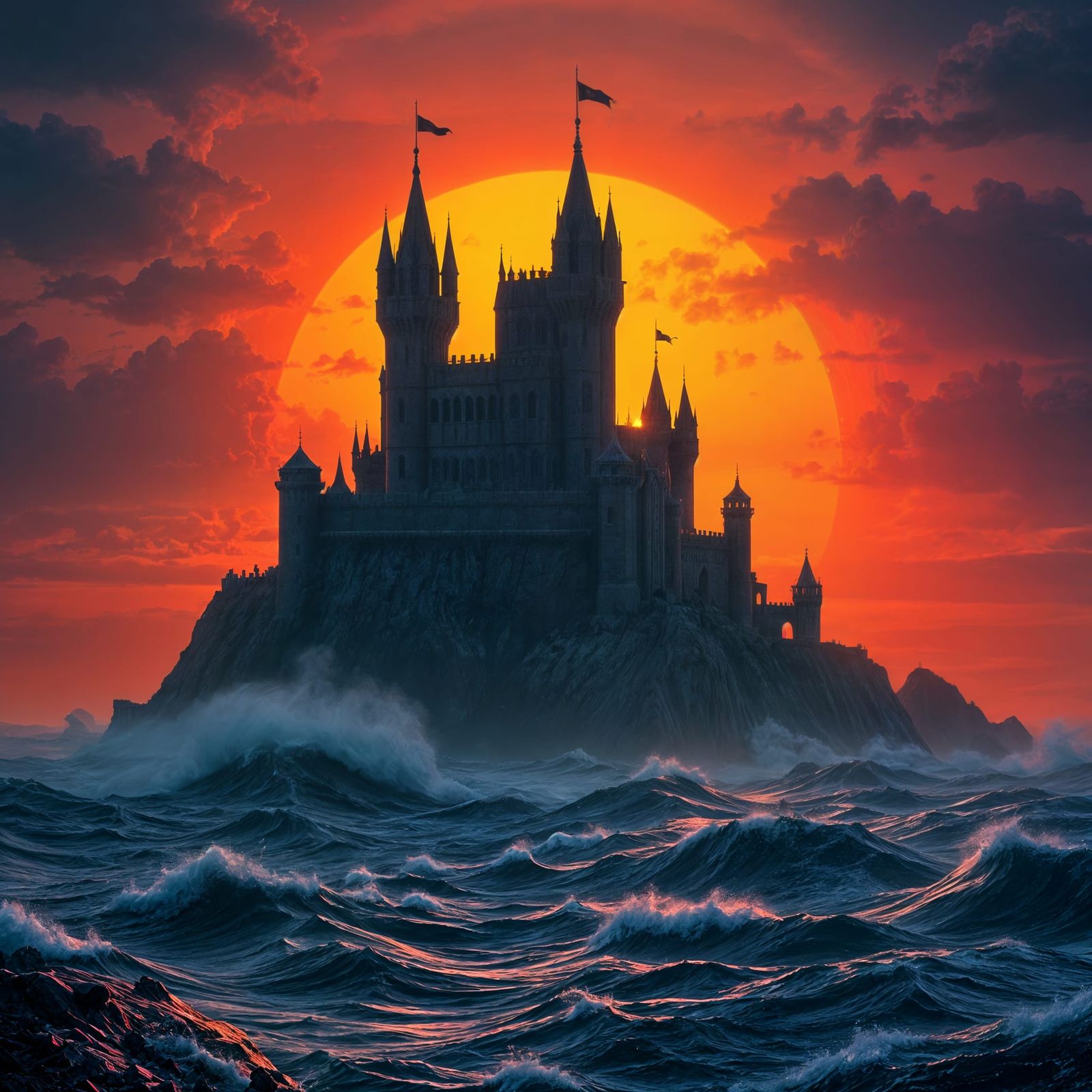 Gothic Fortress Island at Orange Sunset in Stormy Sea