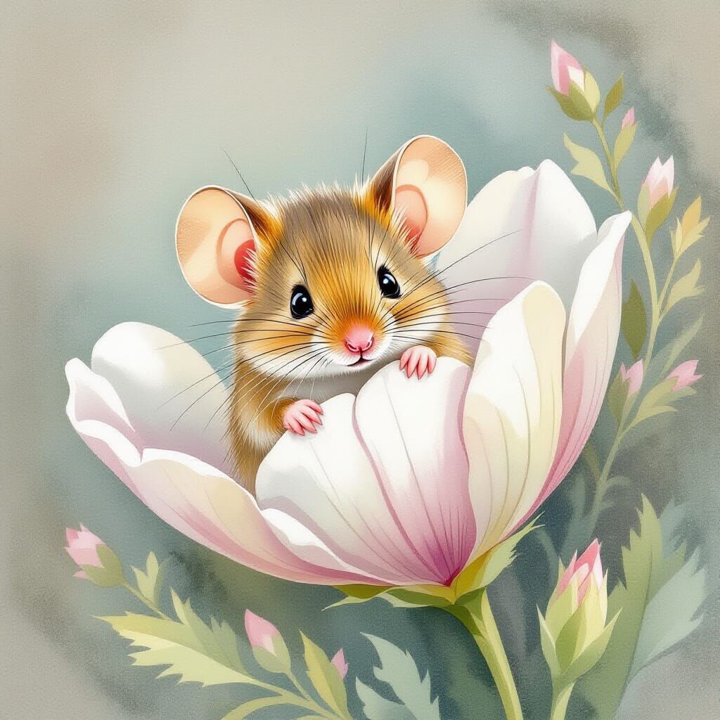 Whimsical Mouse Peeking From Delicate Petal