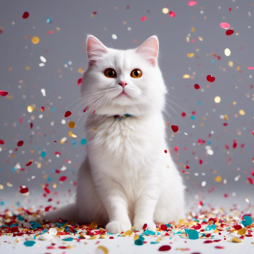 White Cat in Confetti Shower
