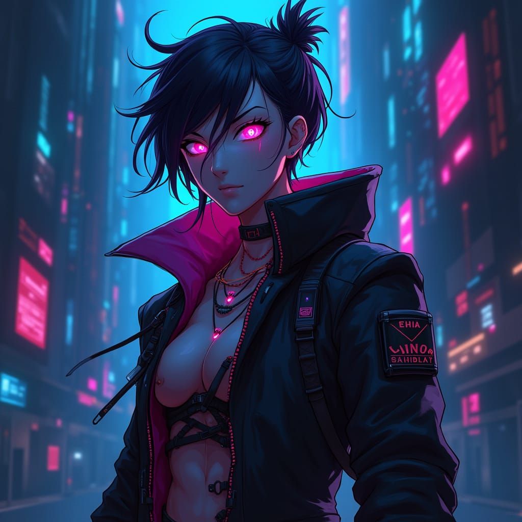 Neon-Accented Anime Warrior in Futuristic Setting