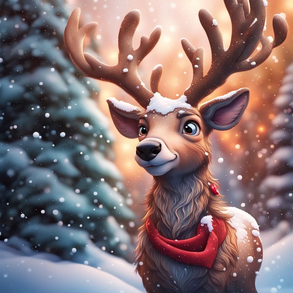 Cartoon Rudolph in Snowy Christmas Scene