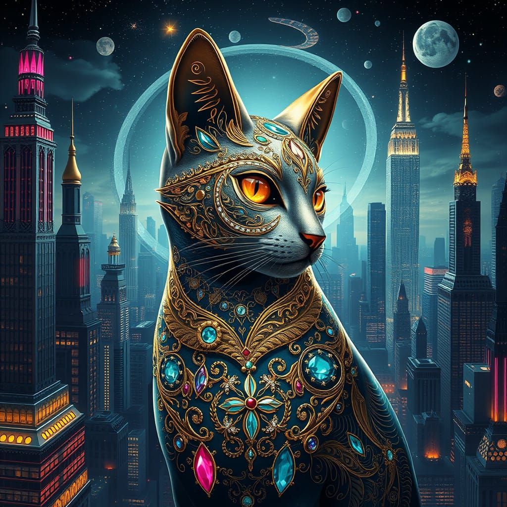 Luxurious Metallic Cat Unfolds in Futuristic Metropolis