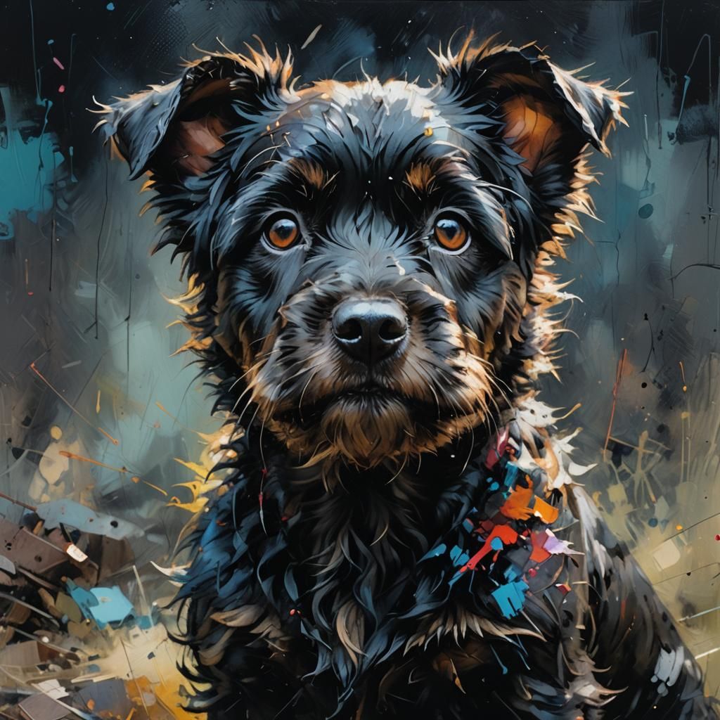 Closeup portrait of gorgeous baby fluffy black terrier dog, Ismail Inceoglu, Craig Mullins, Carne Griffiths, Jeremy Mann...