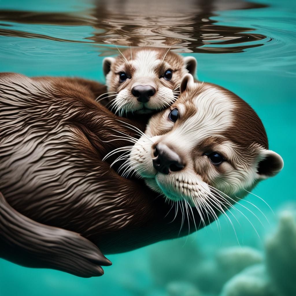 Otter with Baby in Turquoise Ocean