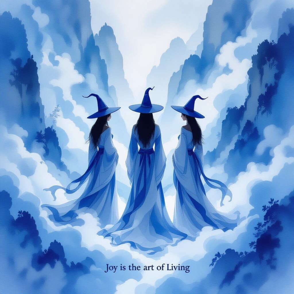 Blue and White Porcelain Painting of Wizards in a Gorge