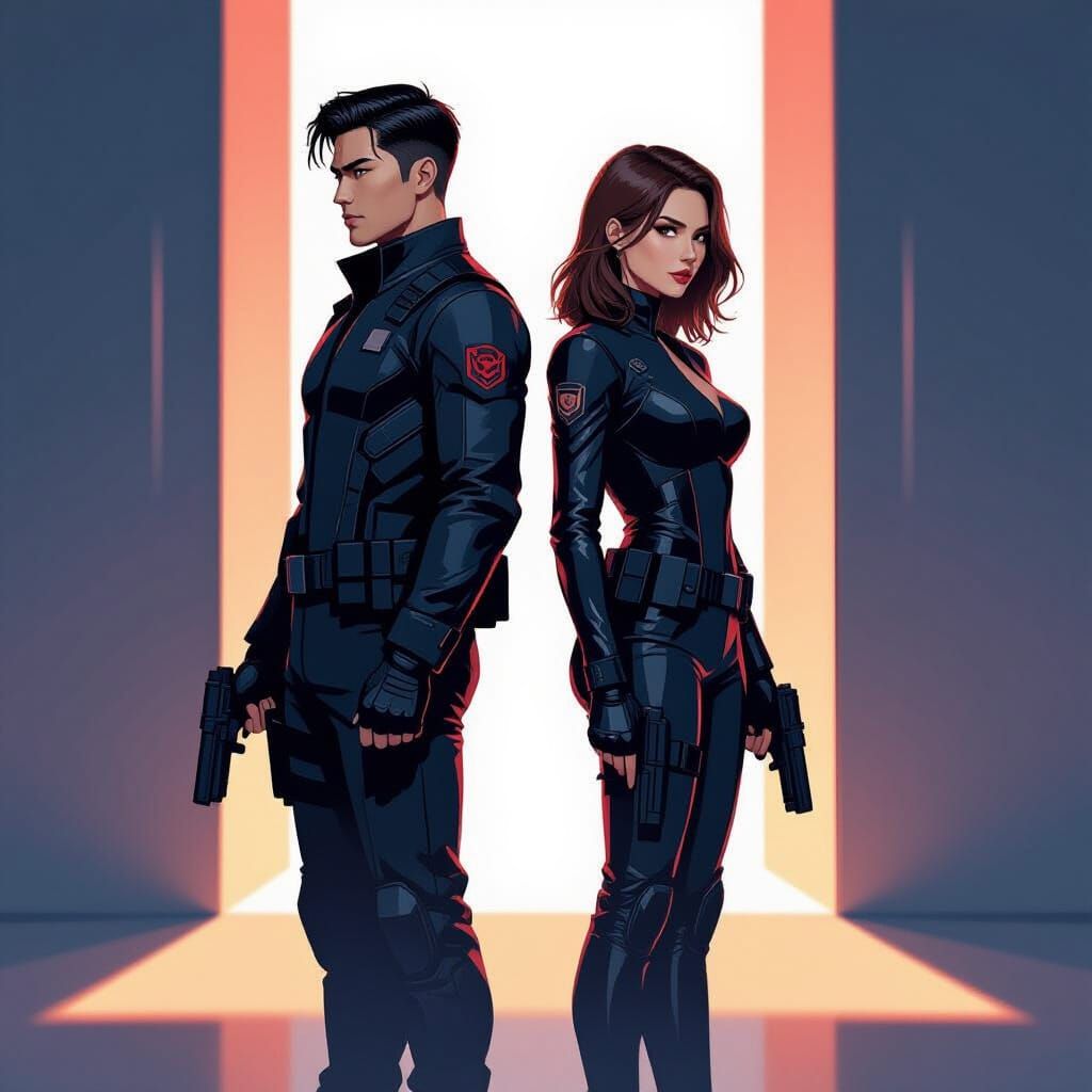 Secret Agents Black and Red in Cinematic Neo-Noir Style