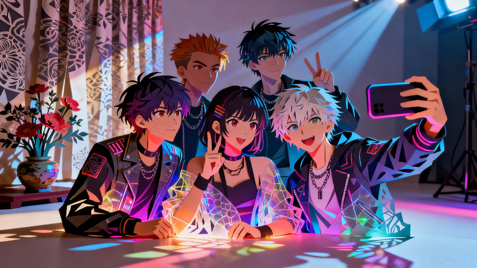 papercut anime cyberpunk gang selfie
