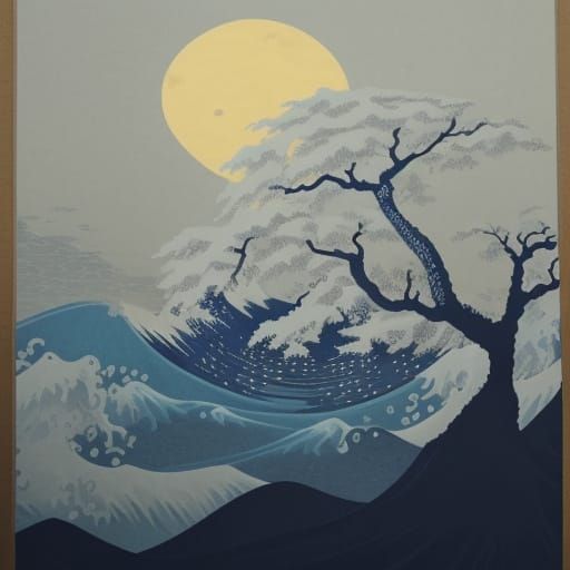 Japanese Ink Painting: Giant Moon Over Lone Poplar Tree