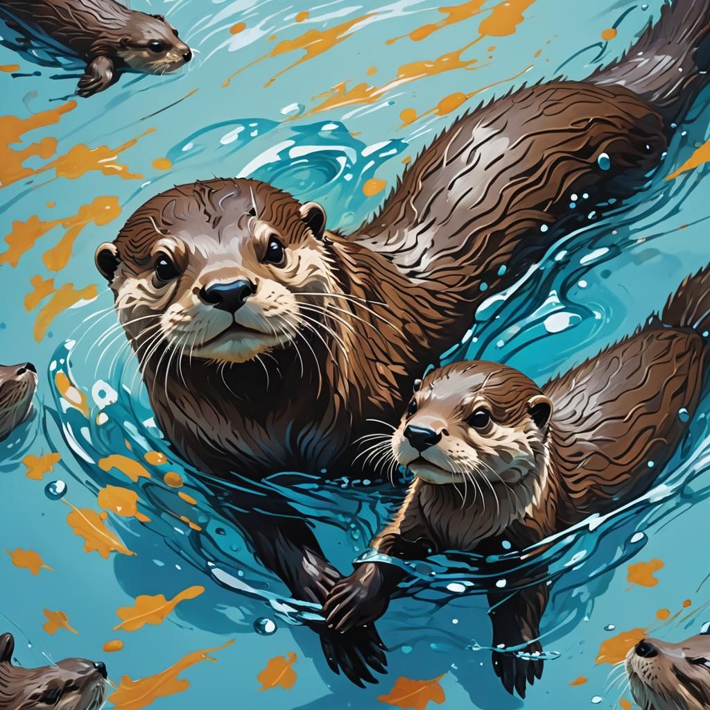 Otter Family in Bioluminescent Water: Graffiti Art