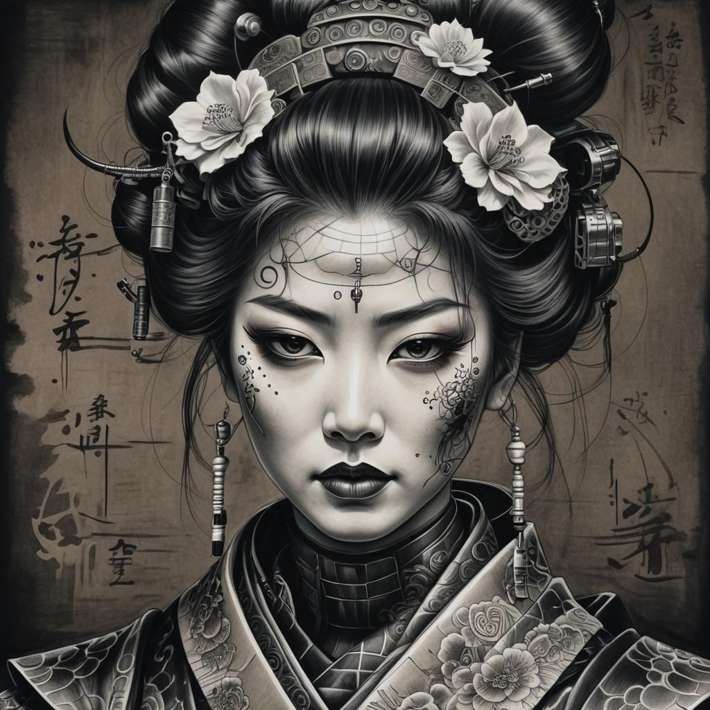 Robotic Geisha Samurai Portrait in Charcoal Style