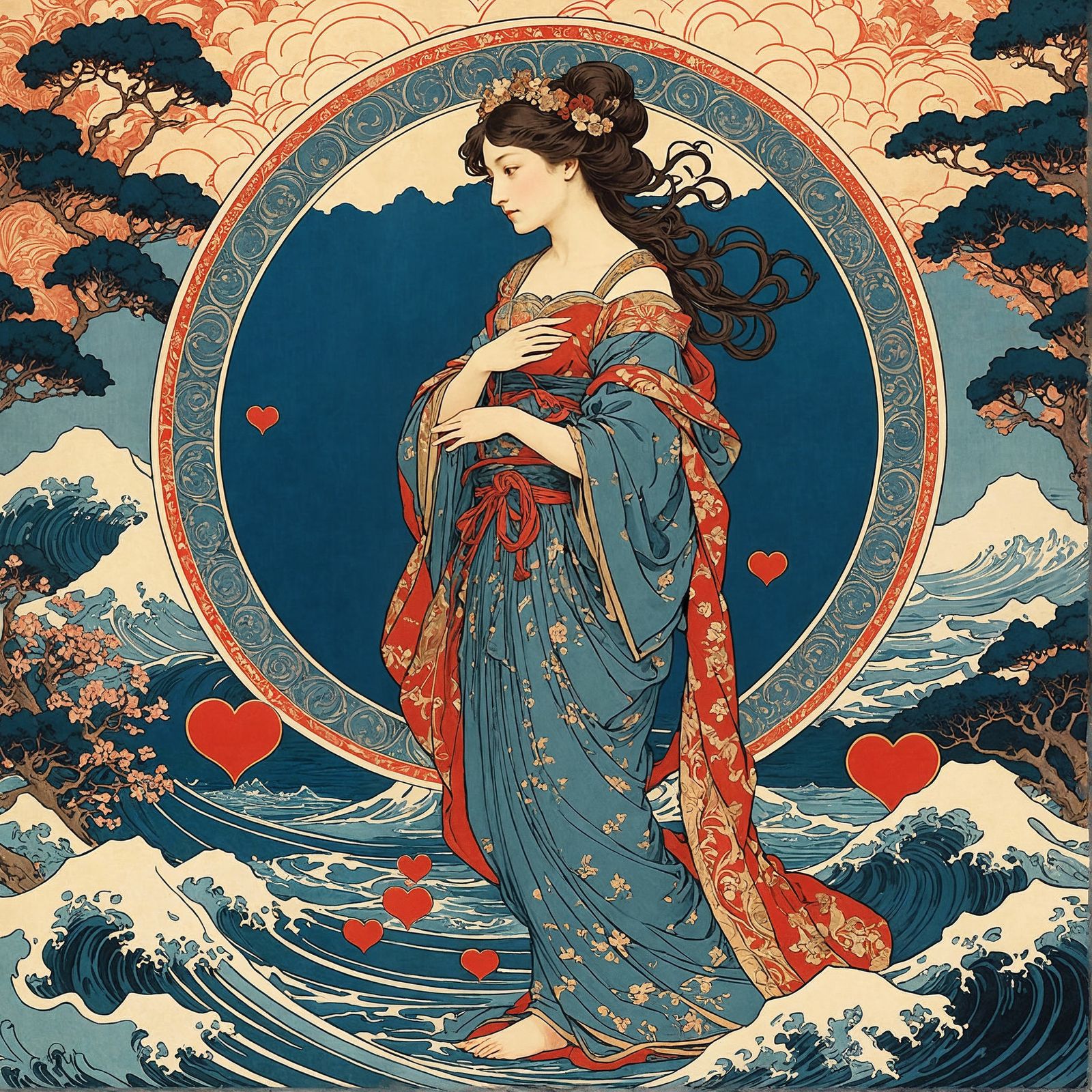 16k resolution, art by Gustave Doré, Alphonse Mucha, Katsushika Hokusai, goddess of love, heart-shaped hieroglyphics ado...