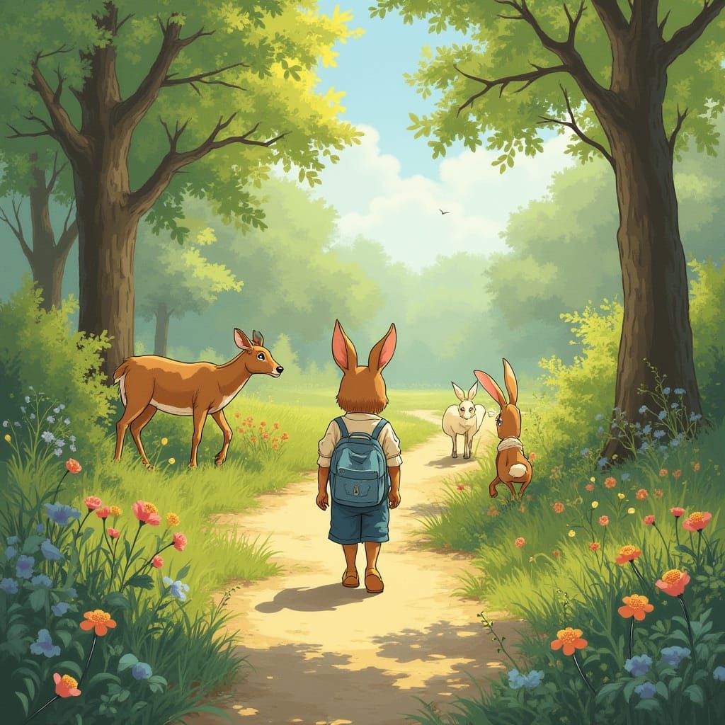 Vibrant Nature Scene with Many Animals and People