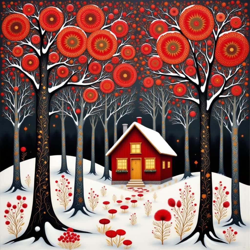 Khokhloma Style Winter Forest Cabin