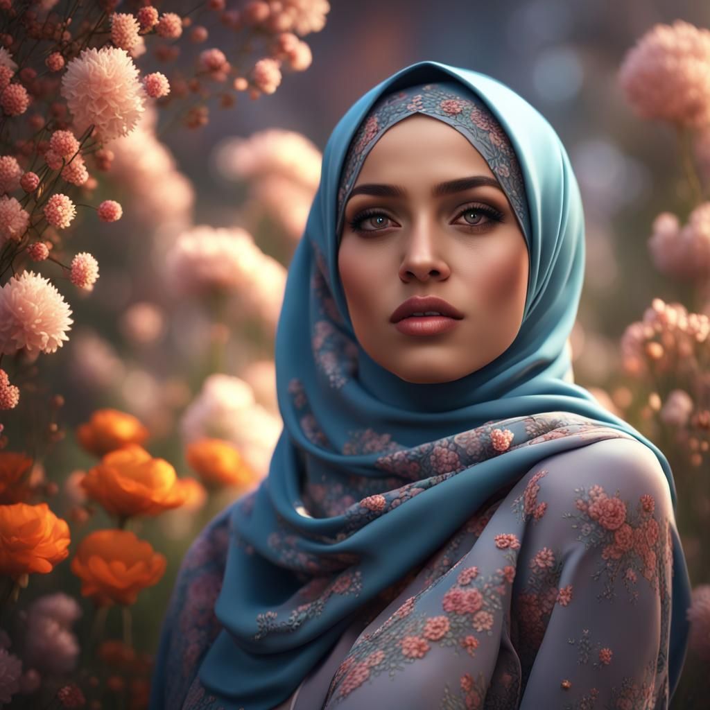 Beautiful Muslim Girl with Floral Hijab: Matte Painting