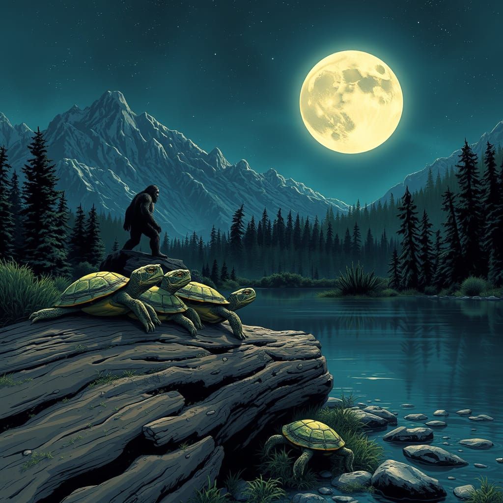 Bigfoot and Turtles Comic Book Illustration