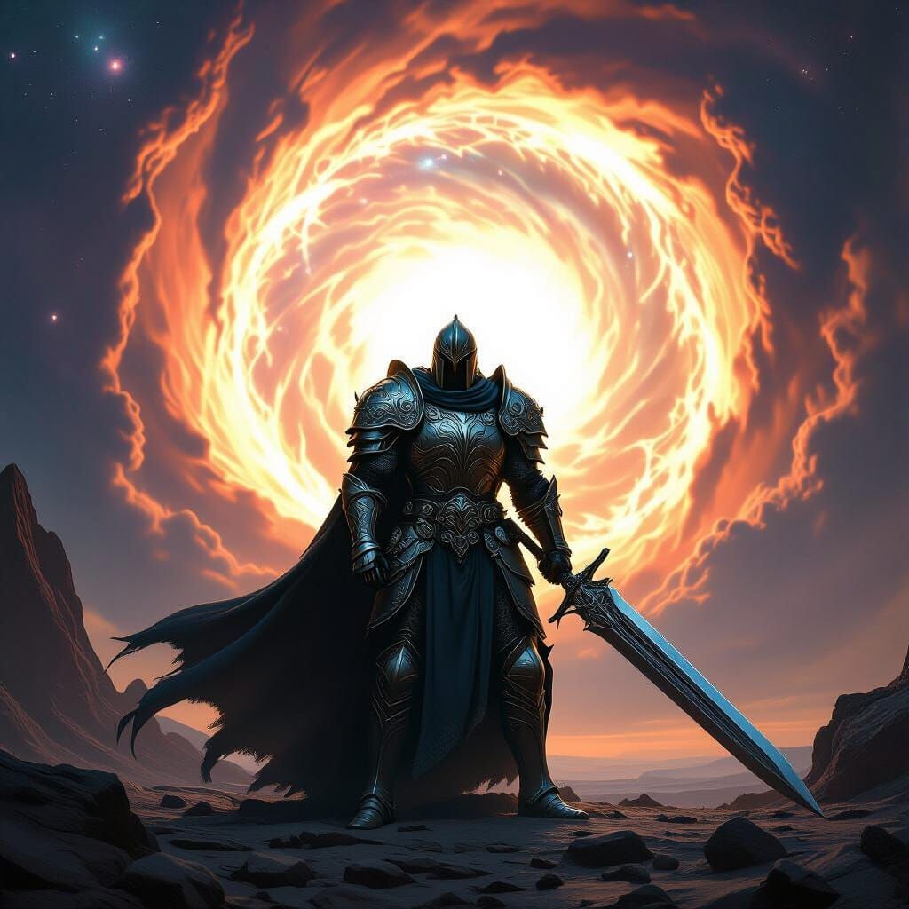 Dragonborn Knight Before Cosmic Vortex