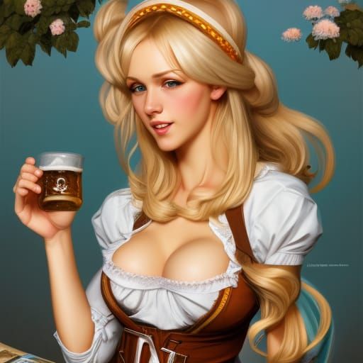 Blonde Beer Maiden in Traditional Oktoberfest Outfit