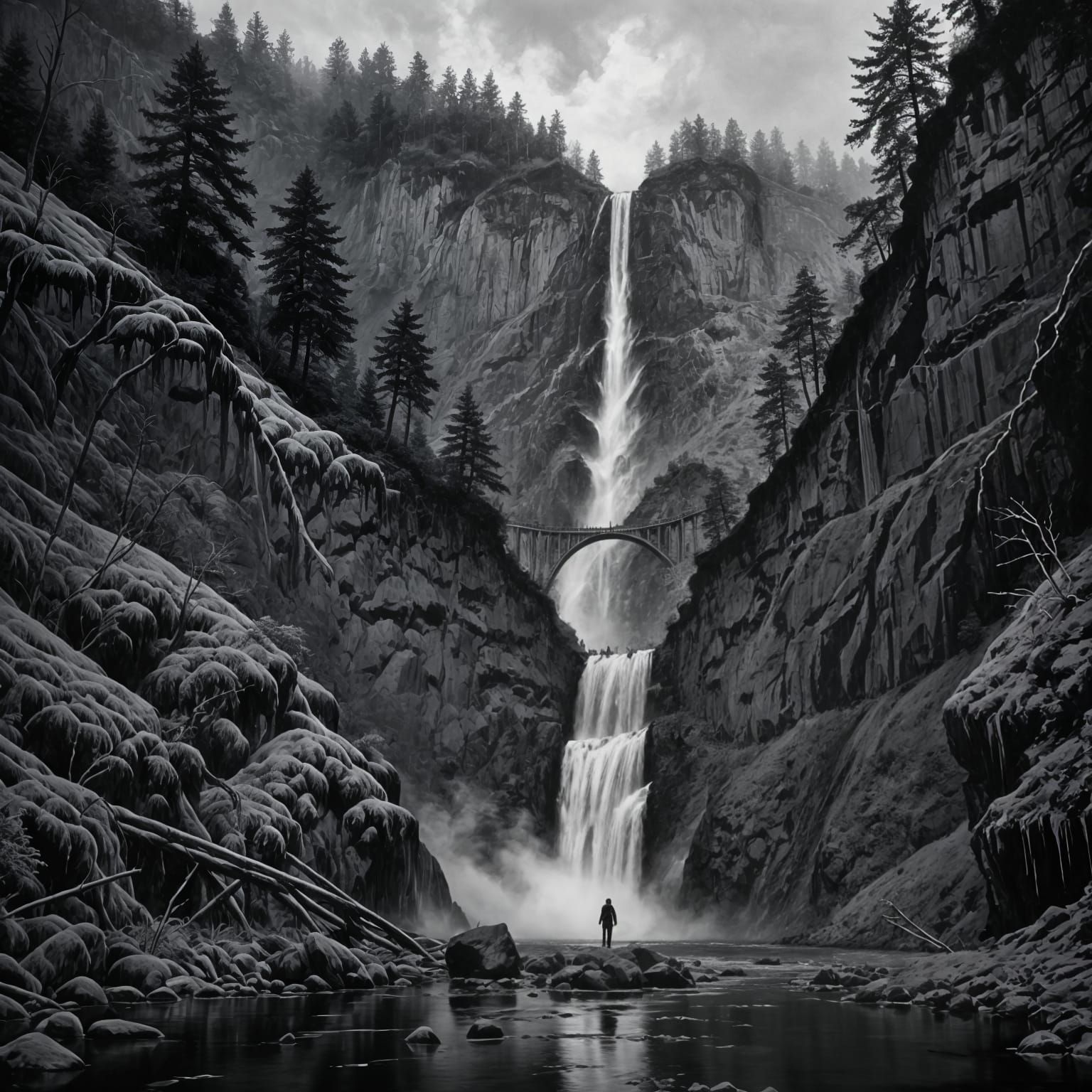 Surreal Black and White Landscape Captures Multnomah Falls