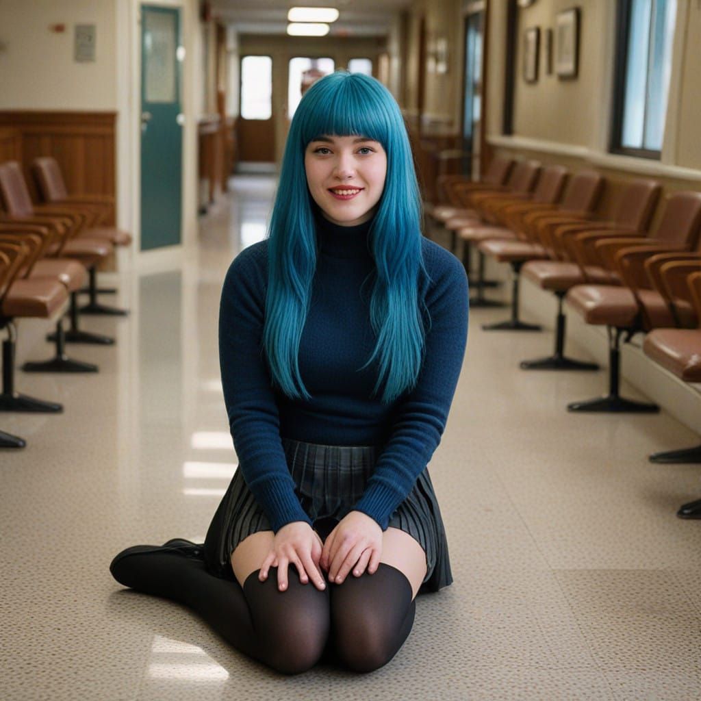 Youthful Elegance in Vibrant Blue Hair, 35mm Film Aesthetic