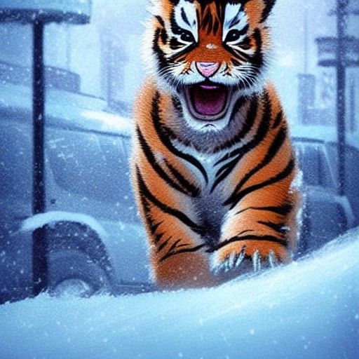 Cute Tiger Cub in Snow, Ghibli Style