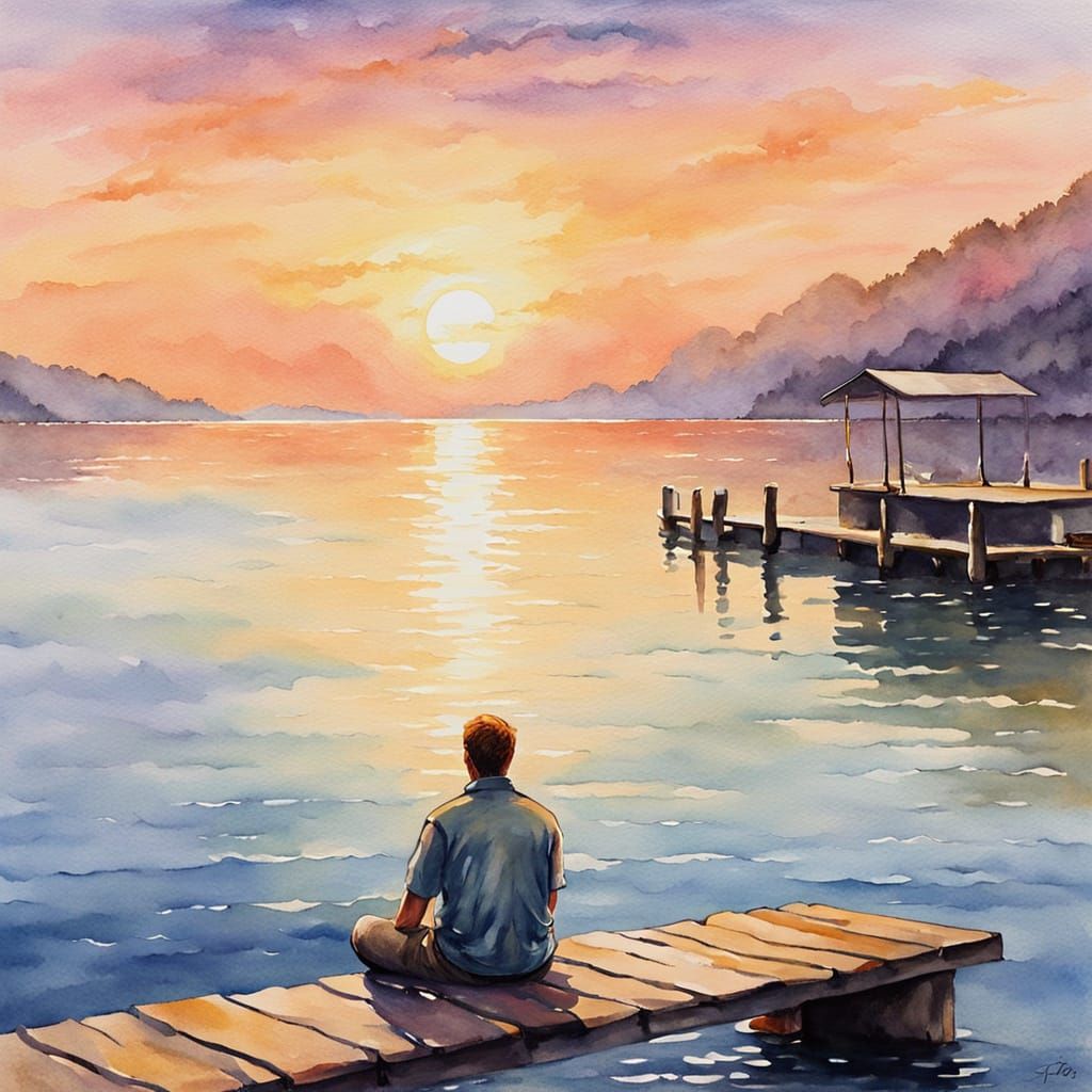 Serene Man on Dock in Watercolor Landscape