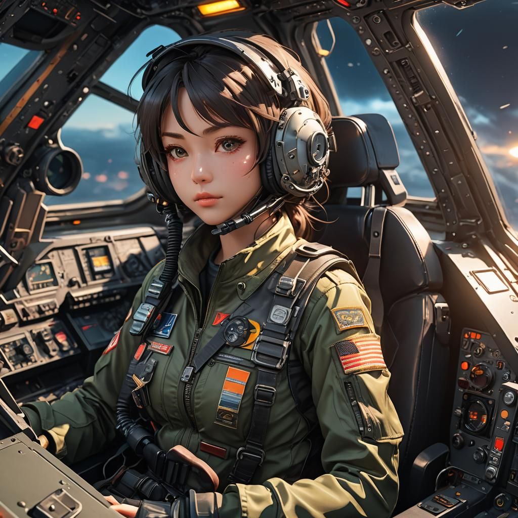Anime Girl in Military Jet Cockpit: 3D Art