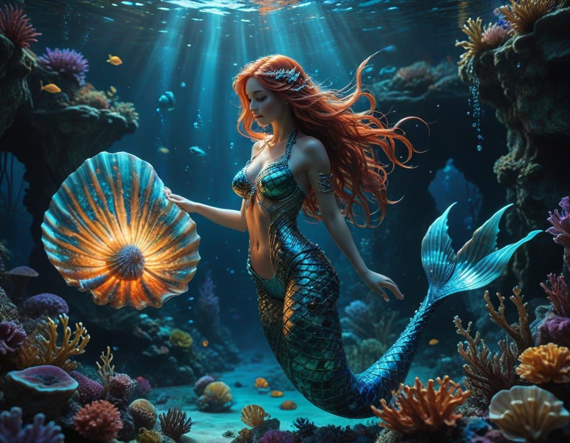 Enchanting Mermaid Holding Magical Seashell with Coral Reef