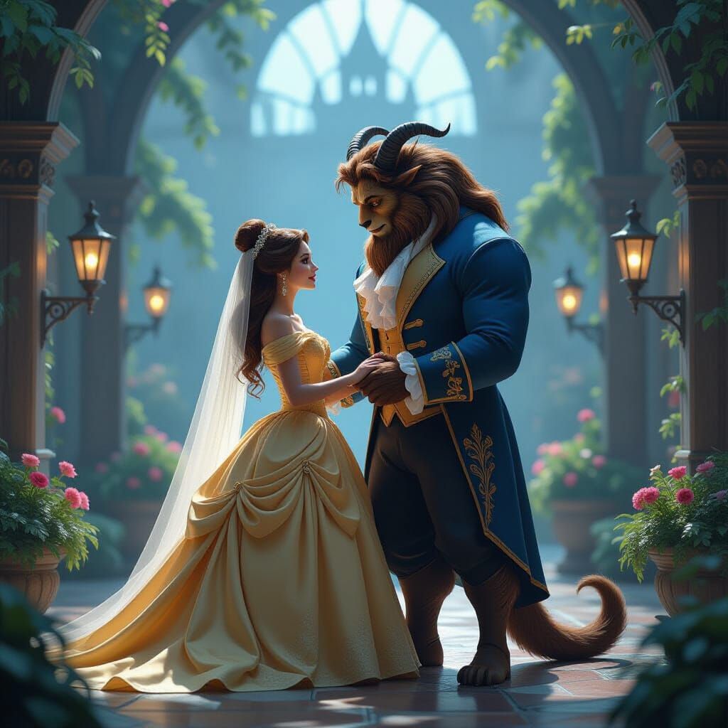 Belle and Beast Fan Art in Fairytale Cinematic Style