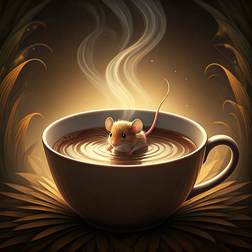 Mouse Navigates a Giant Cup of Coffee in Whimsical Dreamlike...