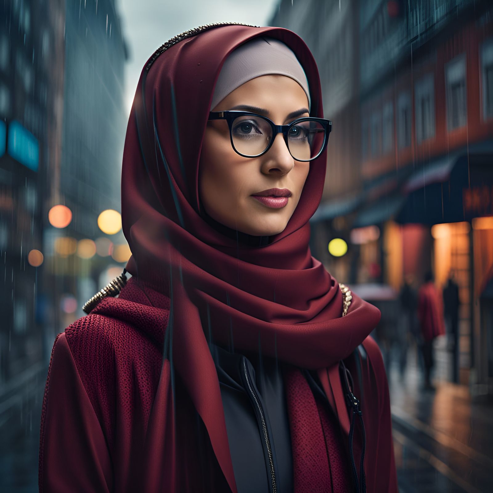 Confident Woman in Hijab in Rainy City, Detailed Painting
