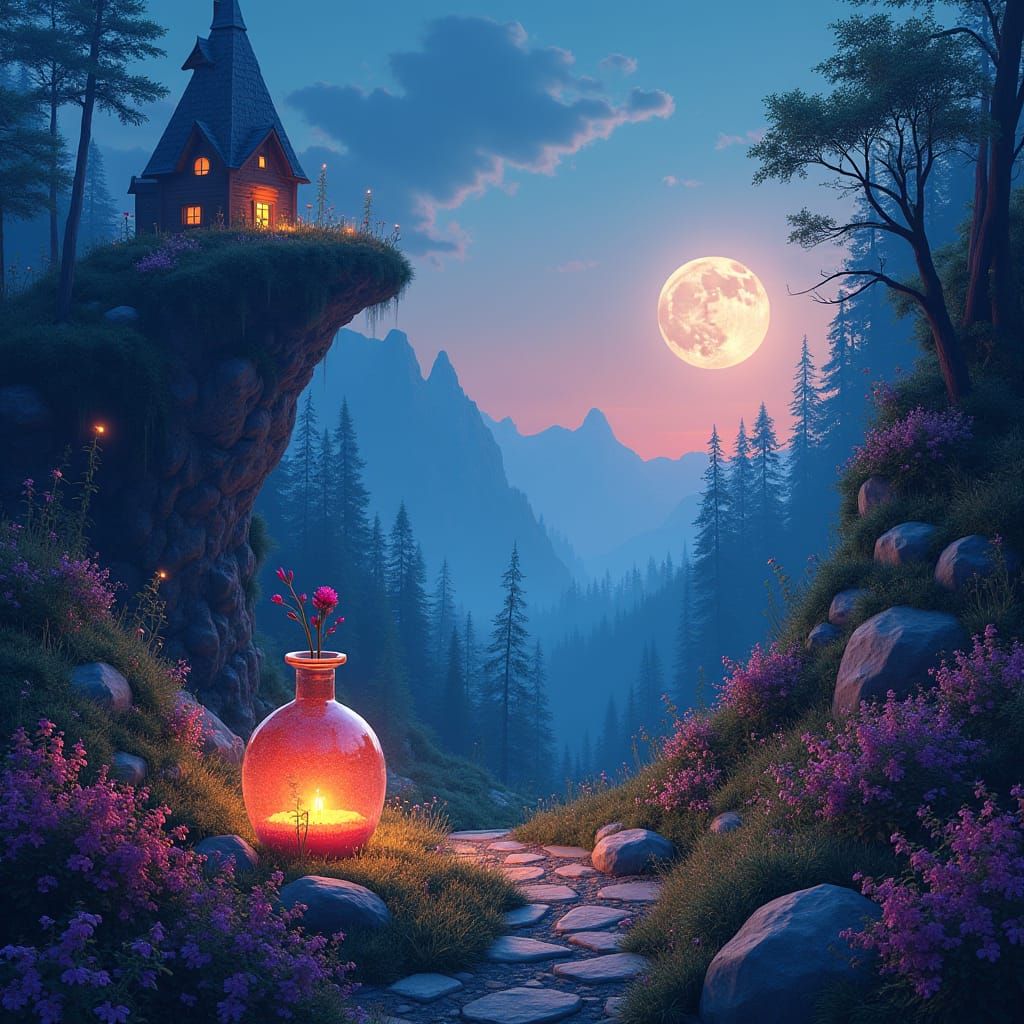 Enchanted Glitterhorn Hill: Mystical Potion at Dusk