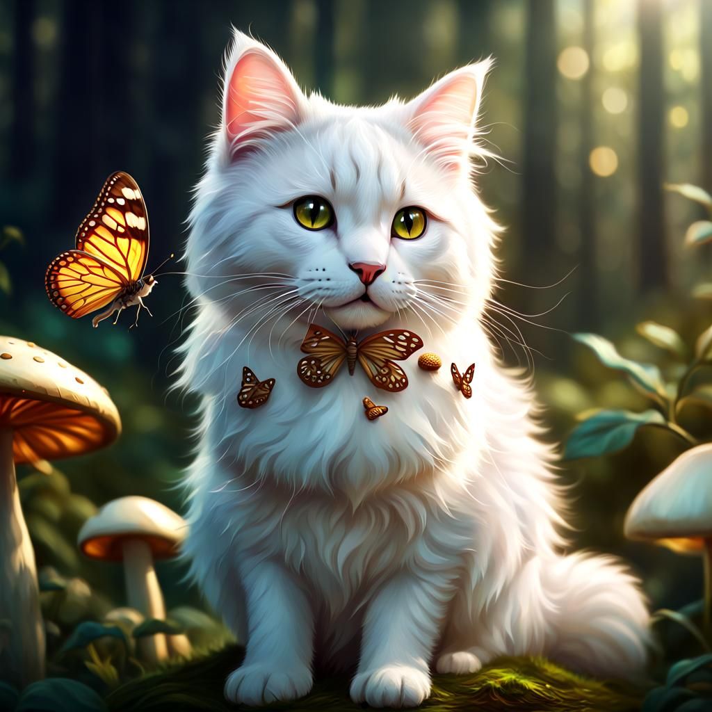 Fluffy White Cat with Butterfly: Whimsical Digital Art