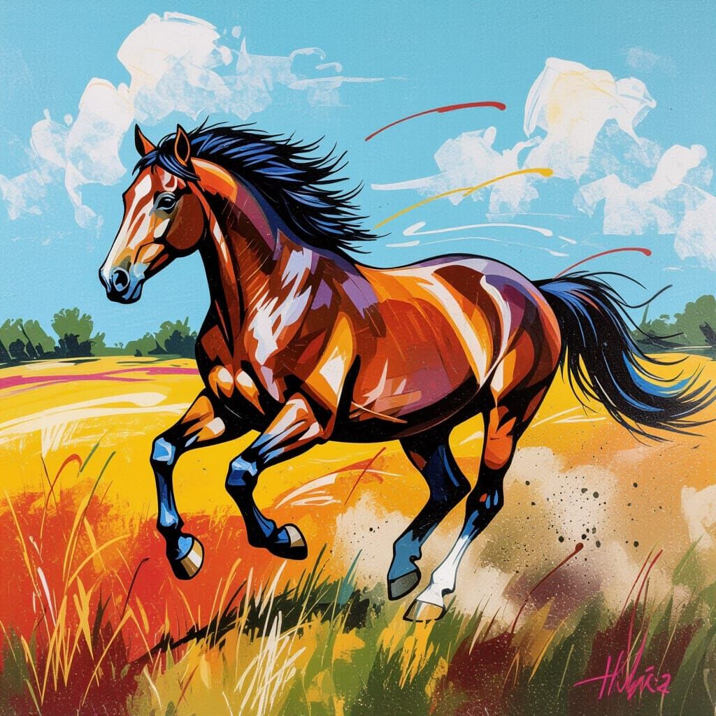 Dynamic Grazing horse image in grafitti lines of  ovement an...