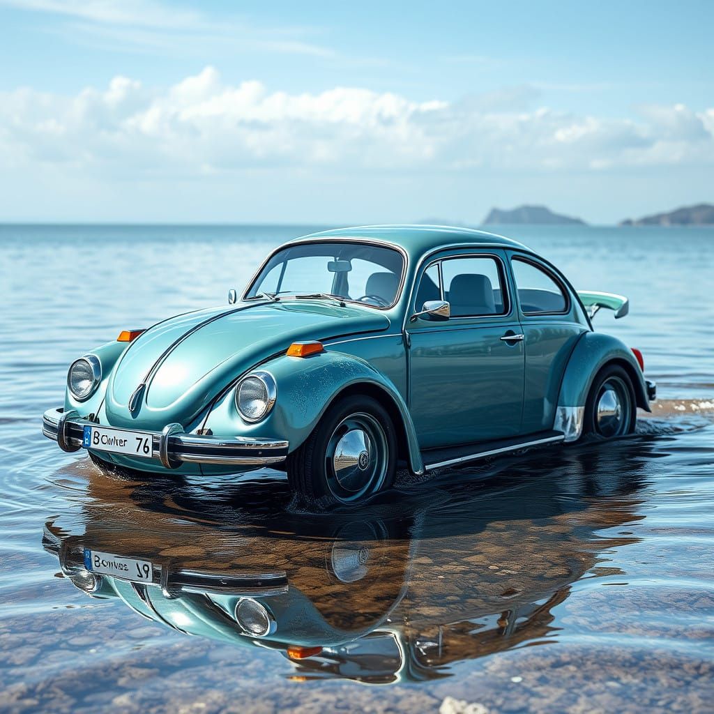 Surreal VW Beetle Emerges from Ripples of Water