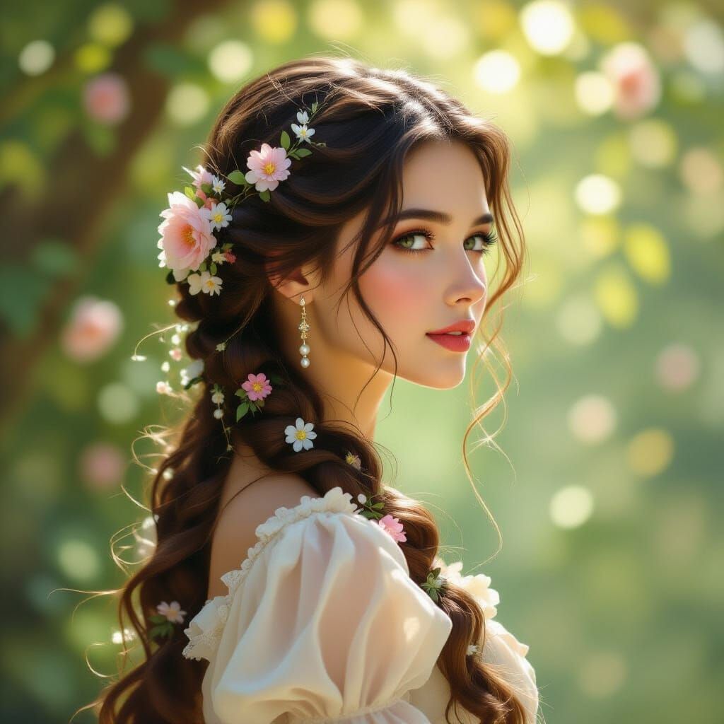 Woman with Long Flowing Hair in Dappled Sunlight