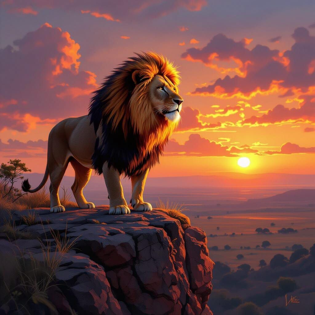 Lion with Fiery Mane Overlooking Savanna Sunset