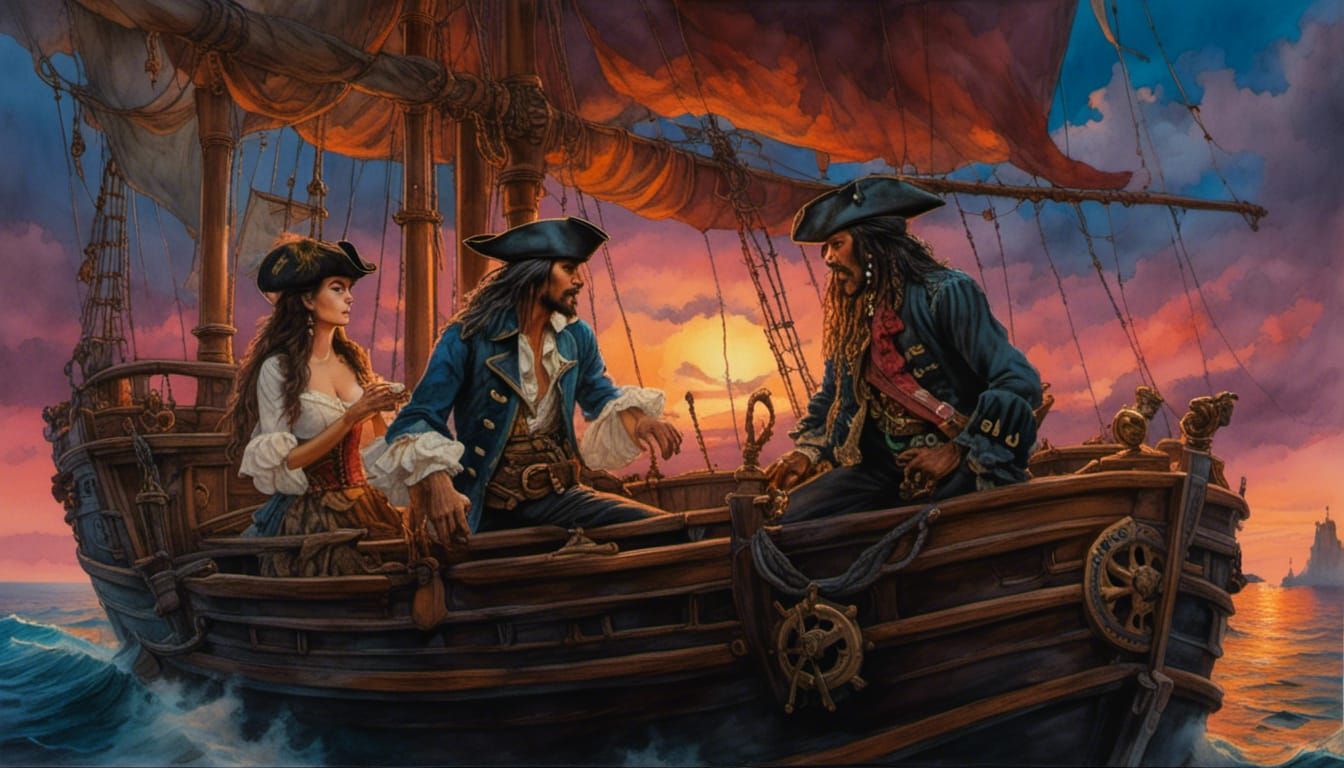 Romantic Pirates in Love at Sunset: Hyperrealistic Watercolo...