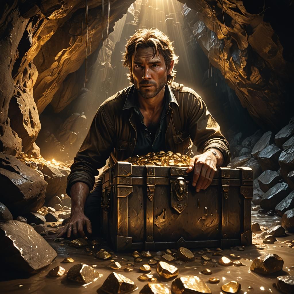 Treasure Cave with Golden Light, Hyperrealistic Art