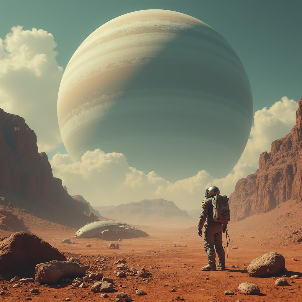 Astronaut on Alien Planet Gazing at Ringed Gas Giant