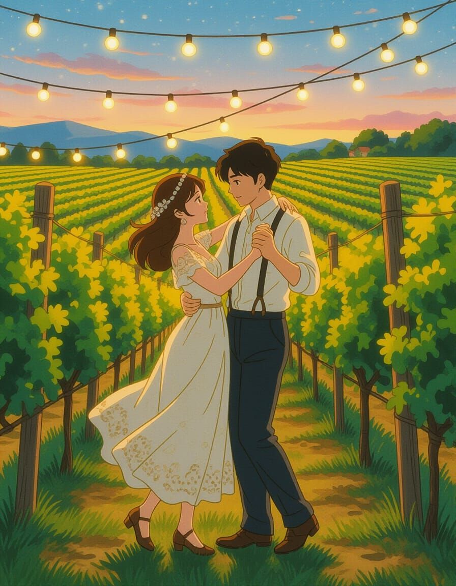 Romantic Vineyard Dance in Anime Style