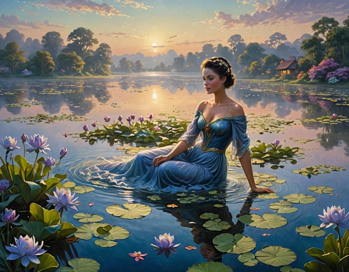 Lady Swimming in Lake with Water Hyacinths