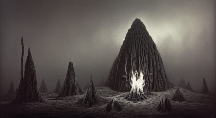 Surreal Landscape with Skulls and Crystal Towers