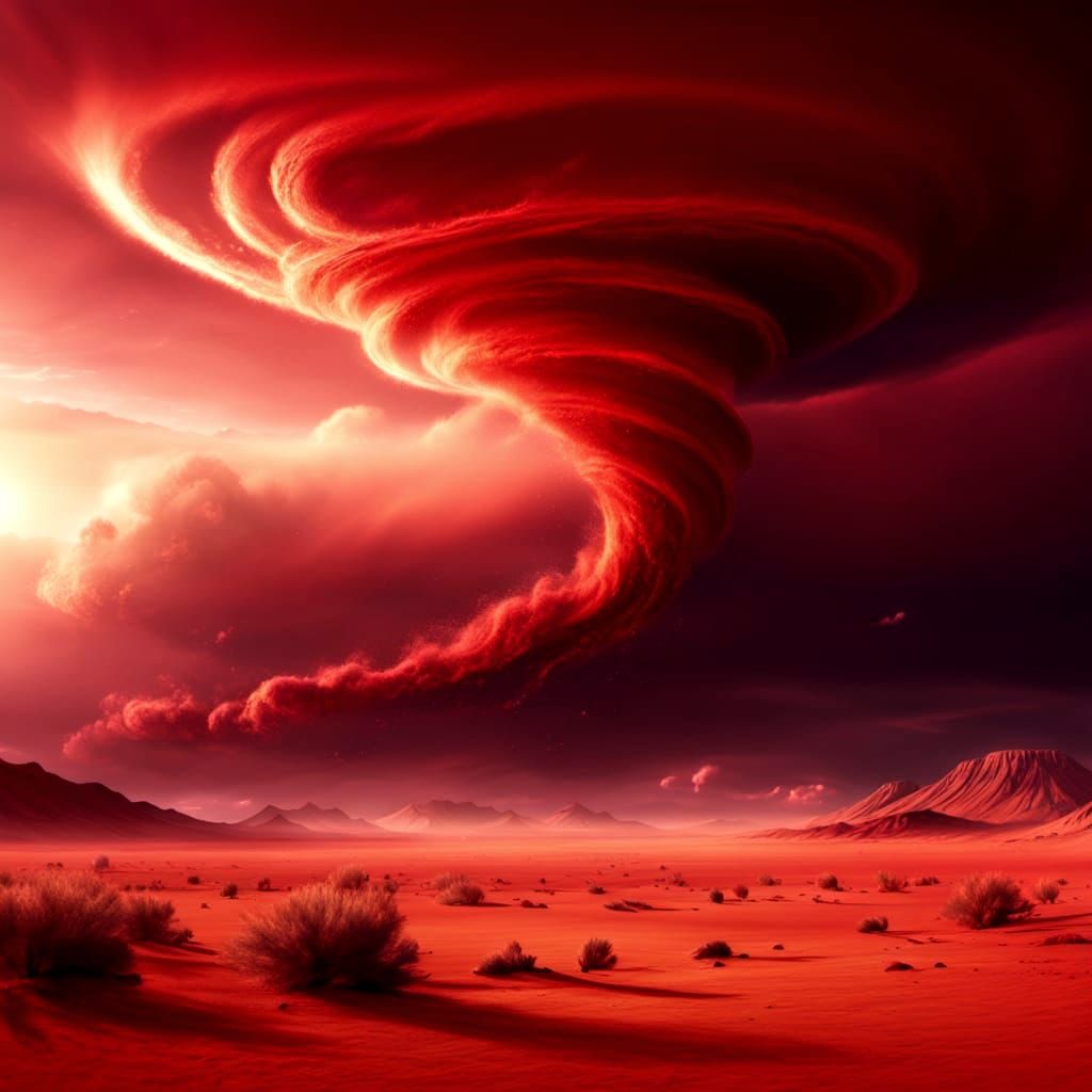 Crimson Skies Dust Devil in Desert Landscape