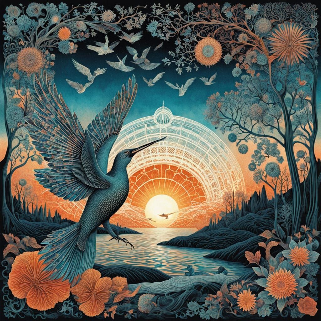 Golden Spaceship in Dreamlike Landscape with Mythical Creatu...