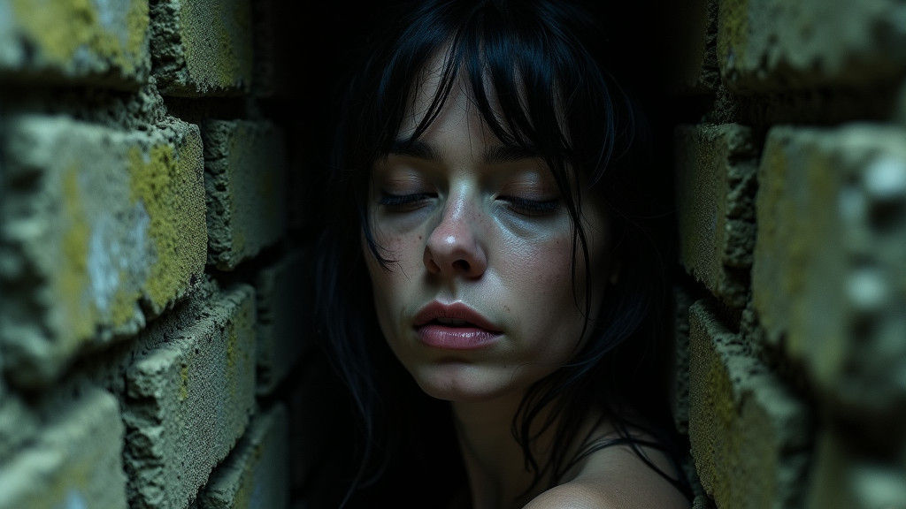 Woman in Shadow Against Stone Wall, Surreal Art
