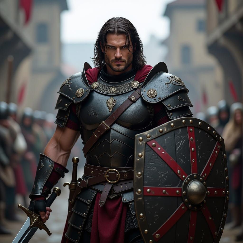 Dramatic Knight in Black Armor, Cinematic Film Still