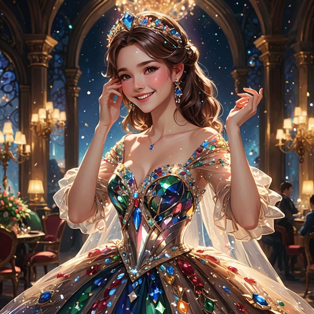 Woman in Extravagant Dress with Tiara, Painterly Anime Style