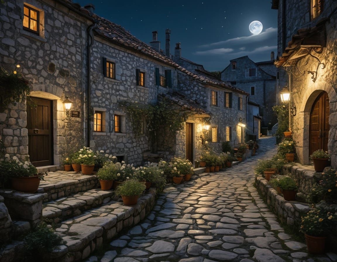 Charming Dalmatian Village at Night, Captured in Photorealis...