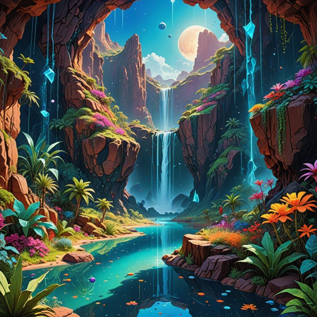 Hidden Oasis: Crystal Waterfalls in Alien Desert